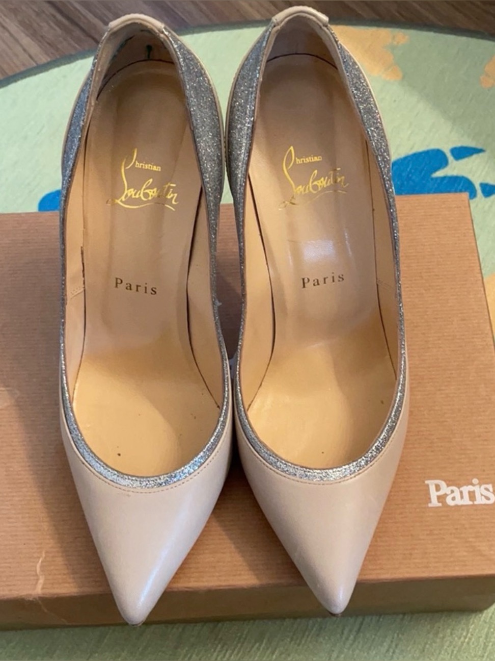 Christian Louboutin Beige Pumps With Red Soles And Silver Trim